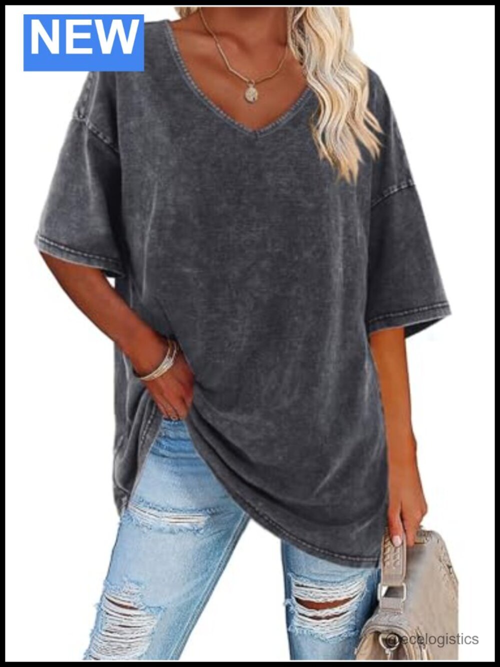 Oversized V Neck Cotton Tunic Tee Loose Fit Short Sleeve Boyfriend Top